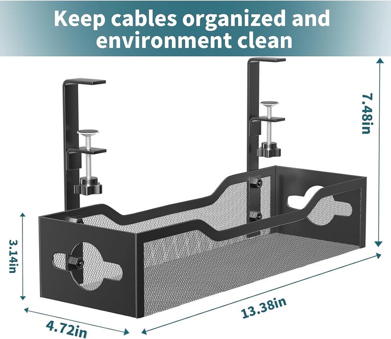 Litwaro Under Desk Cable Management Tray 2 Pack, No Drill, Organizer with Clamp Easy to Install for Standing Cord Organizer, Wire Damage Desk, Black, 13.38''-2 pack - Image 3